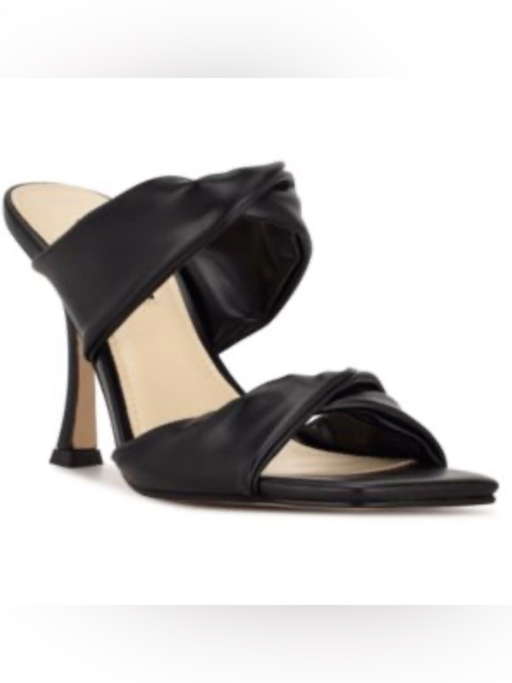 Nine West Sashsa Slides - Black Twisted Double-Strap Heeled Mules